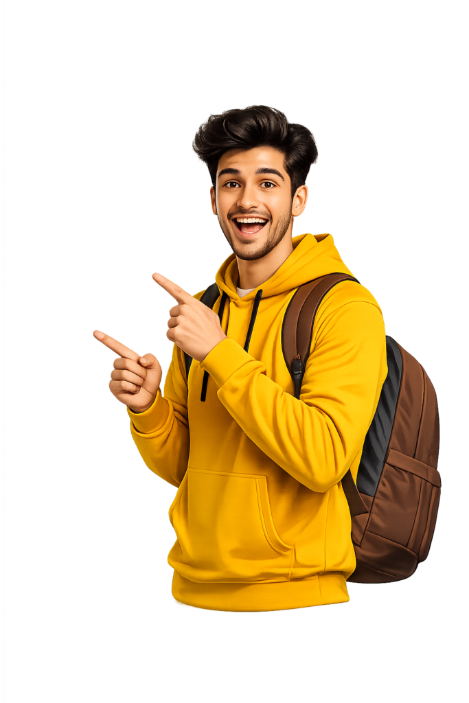 Young student in yellow jacket with backpack pointing with confidence