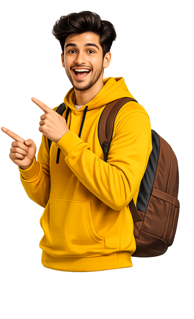 Young student in yellow jacket with backpack pointing with confidence