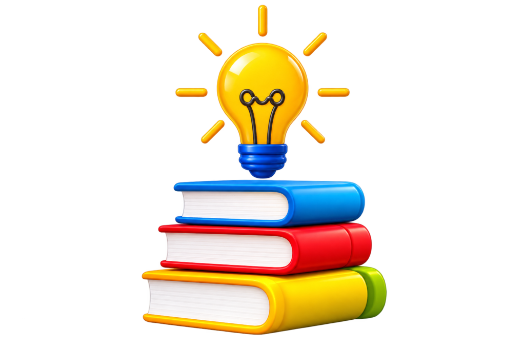 A glowing yellow light-bulb above a stack of books to denote exploration and knowledge