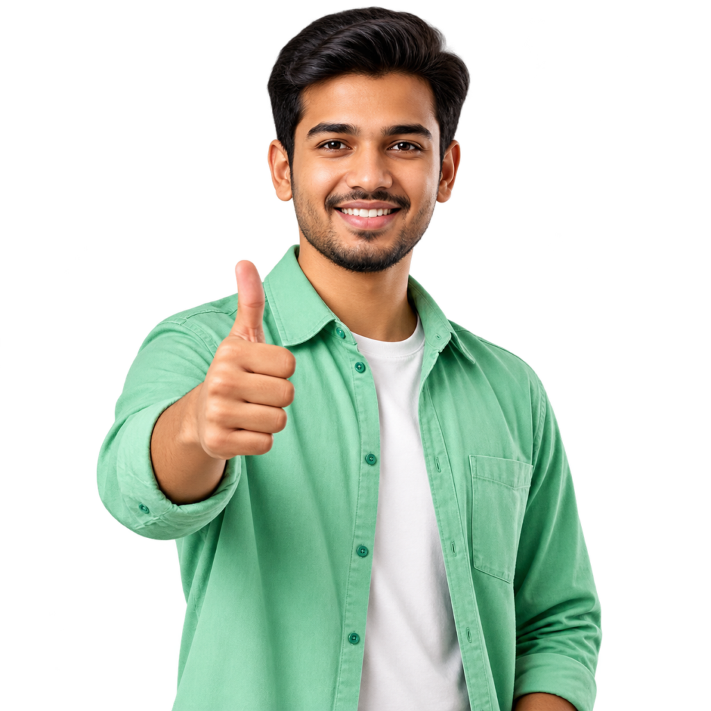 Young man giving a thumbs-up for interview preparation and career success