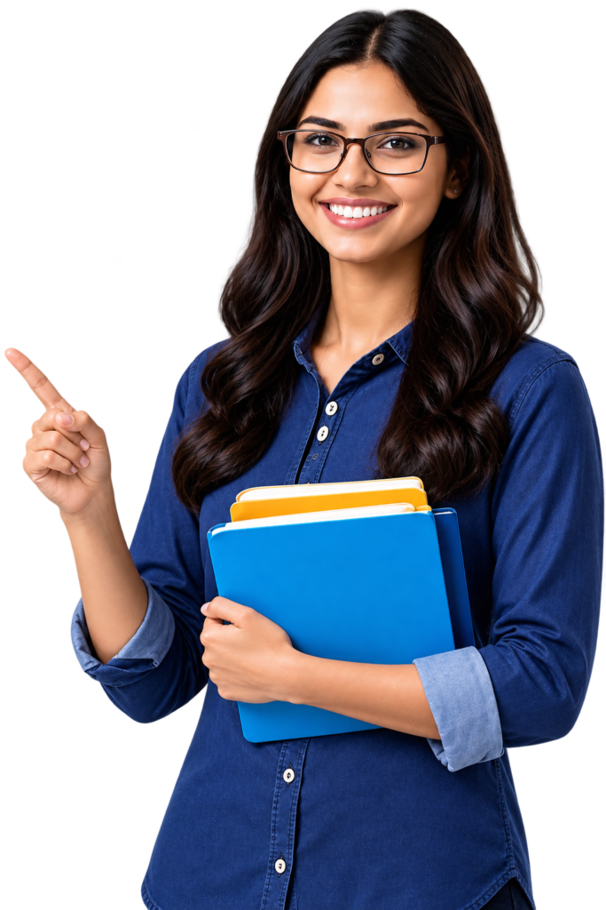 Smiling female student with glasses holding books for skill development and learning