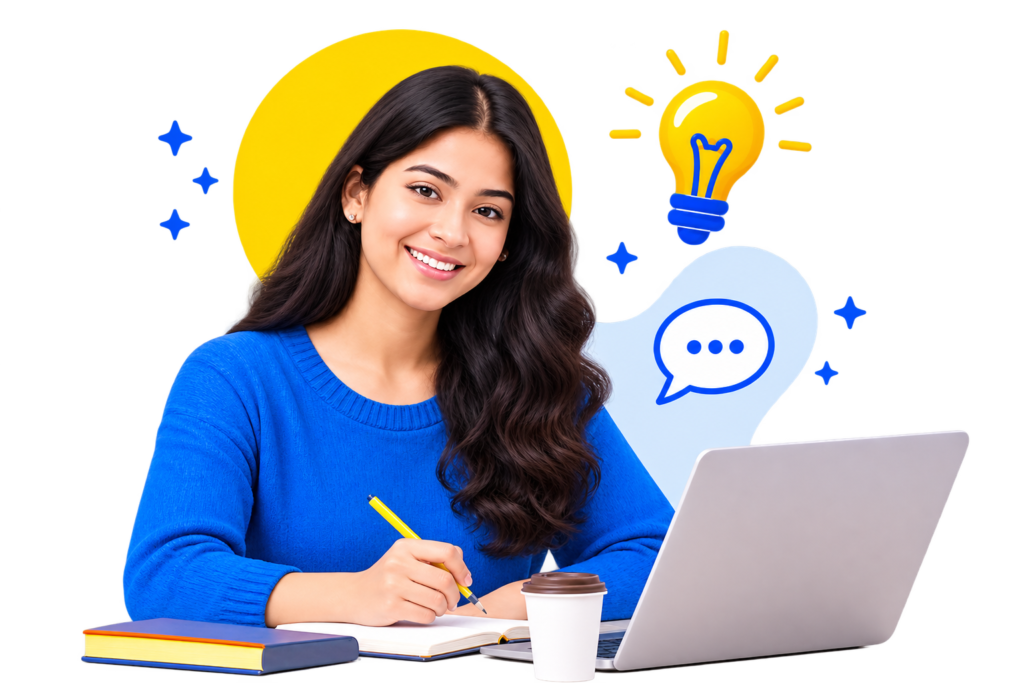 Female student learning English and building skills with a laptop, notebook, and educational ideas