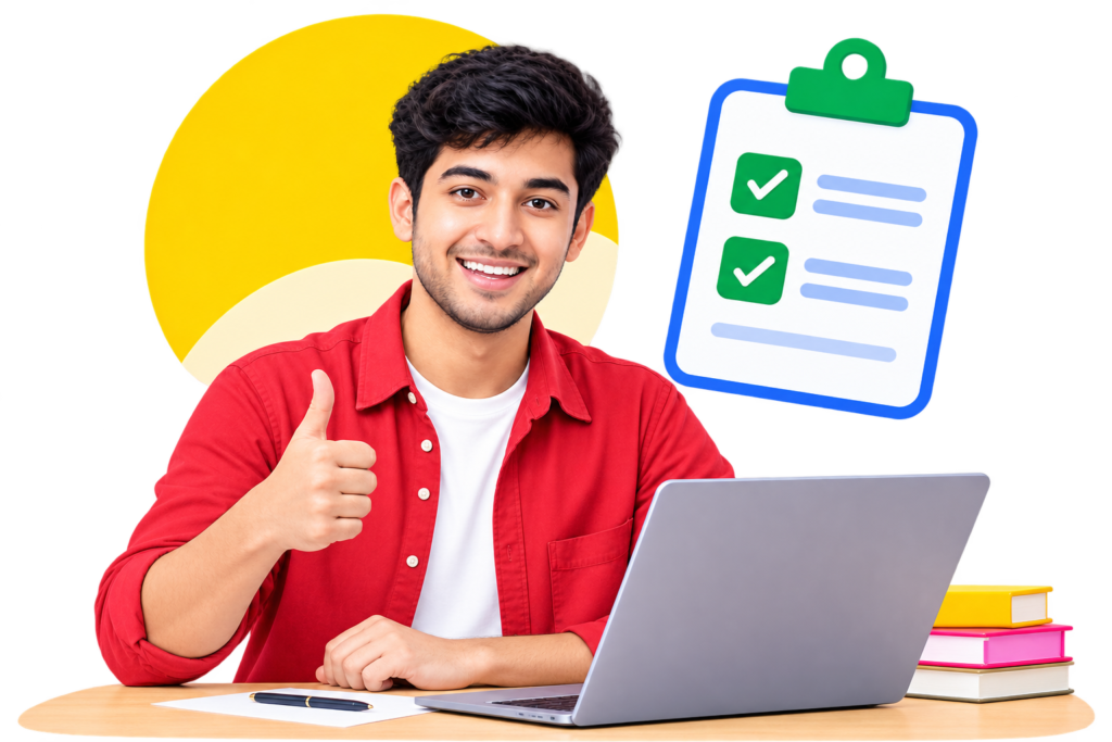 Young man in a red shirtvgiving a thumbs-up beside a checklist and a laptop in front representing learning progress and achievement.