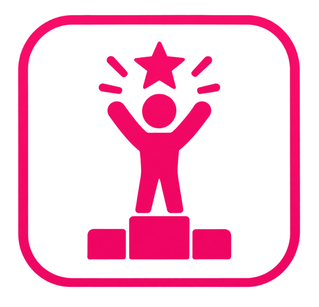 Succeed and achievement icon of a pink person on a podium with a star in hands
