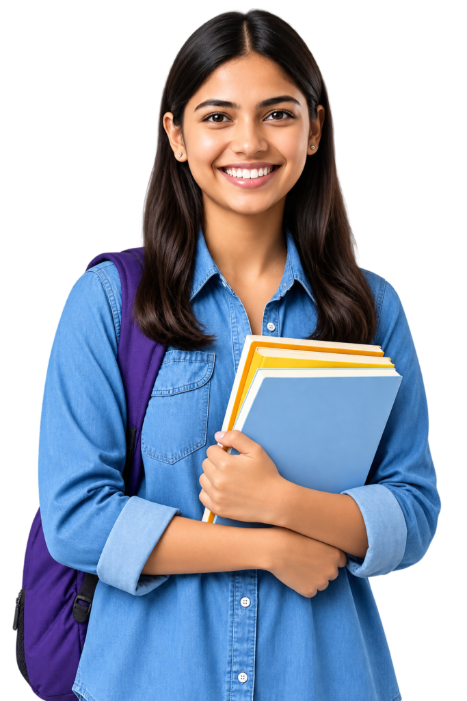 Smiling female student holding books with backpack